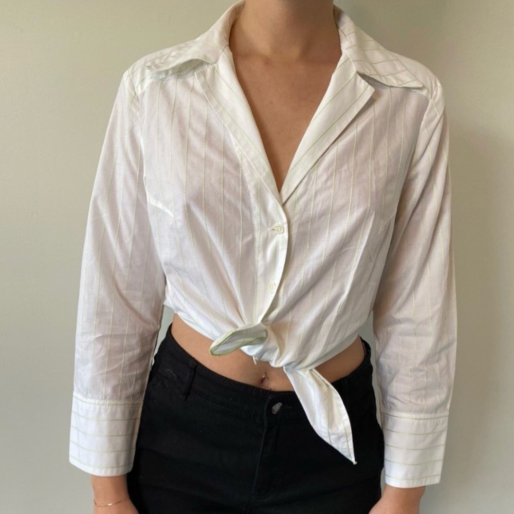 Zenobia White and Green Button-Up Women's Top Made in Canada Size 8